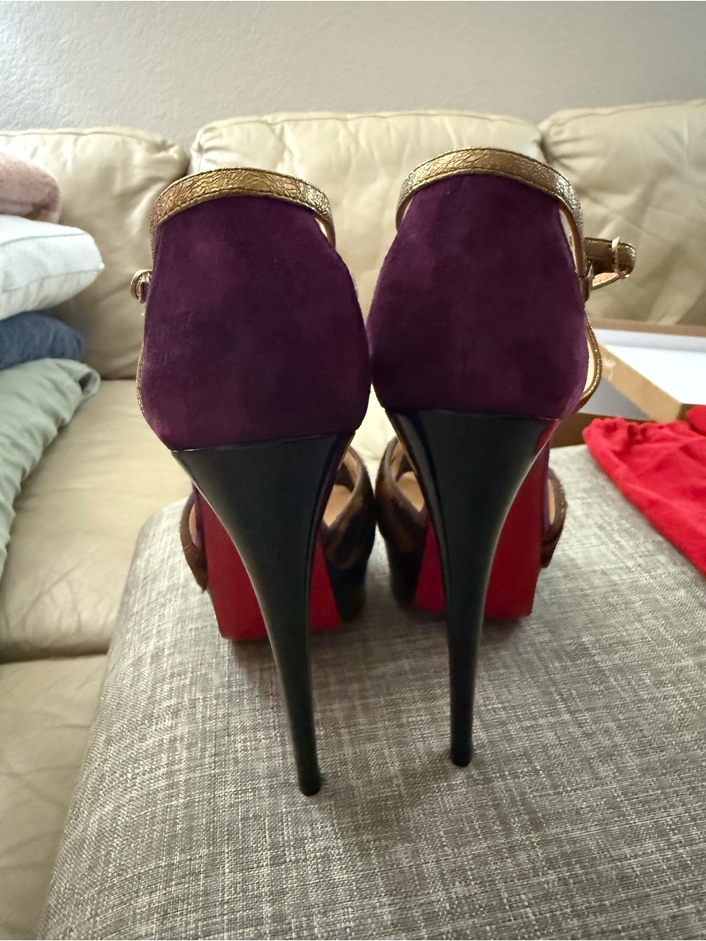 Christian Louboutin Gold and Black T-Strap Platform Heels - Picture 4 of 7